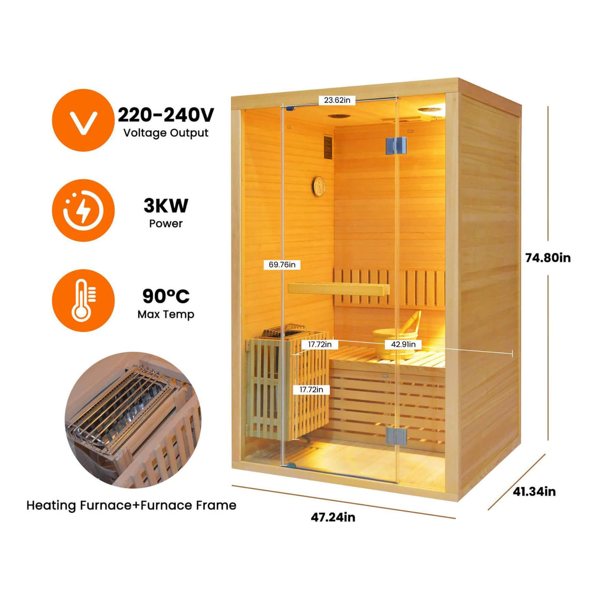 Alpine Premium 2-Person 3KW Hemlock Wood Sauna With LED Wall Light (SAK28471)