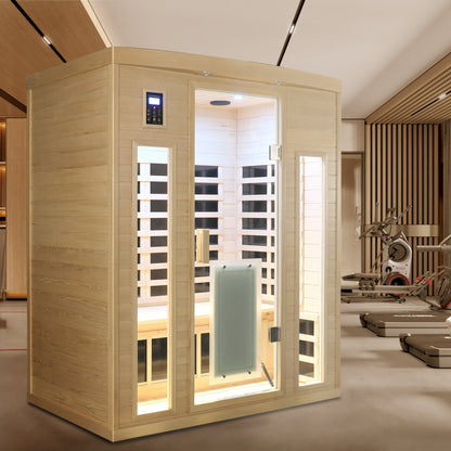 Low EMF, There is also a heating plate on the glass door, Hemlock wood Far-infrared indoor Three person sauna room