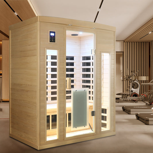 Low EMF, There is also a heating plate on the glass door, Hemlock wood Far-infrared indoor Three person sauna room