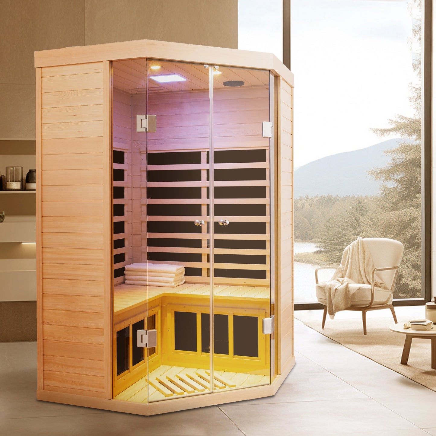 Deluxe Hemlock Far Infrared Corner Sauna Room with Glass Front for Two Persons