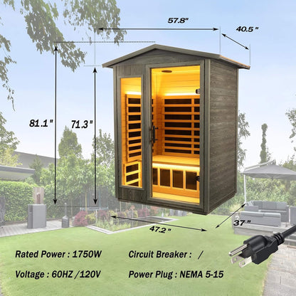 Riva Premium 2-Person Black Carbonized Walnut Low EMF Far Infrared Outdoor Sauna With Bluetooth Audio And LED Lighting (SAK16850)