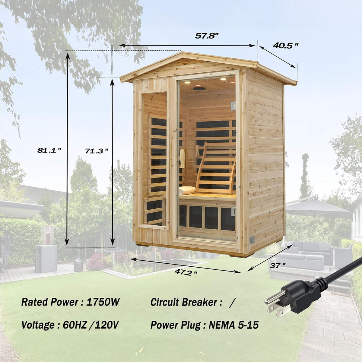 Vexa Luxury 2-Person Outdoor Low EMF Hemlock Infrared Sauna With Bluetooth And Chromotherapy Light (SAK97318)