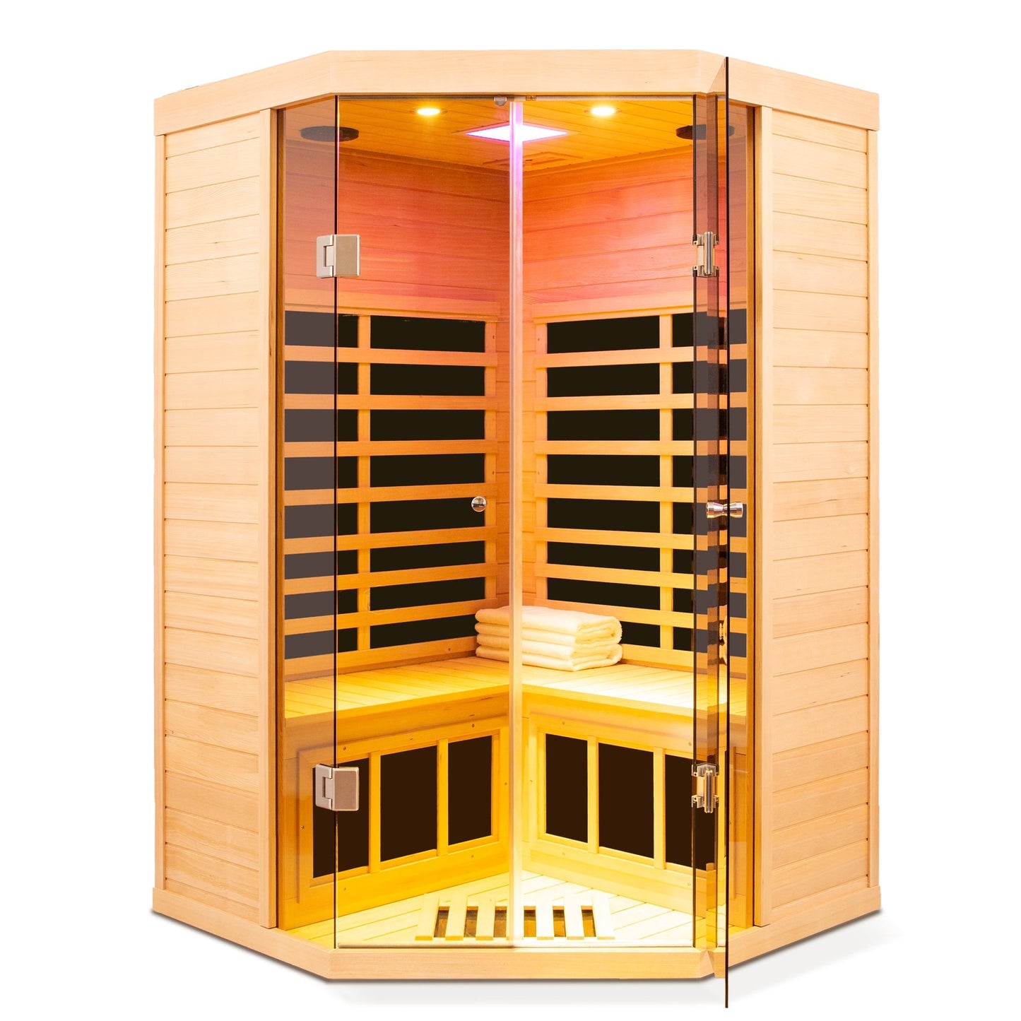 Deluxe Hemlock Far Infrared Corner Sauna Room with Glass Front for Two Persons