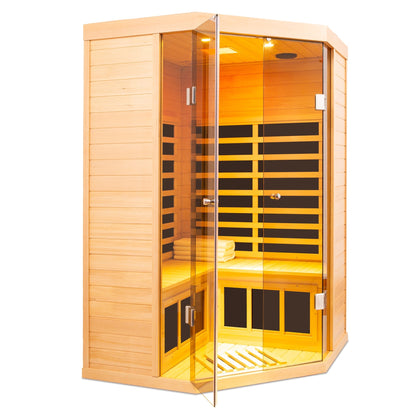 Deluxe Hemlock Far Infrared Corner Sauna Room with Glass Front for Two Persons