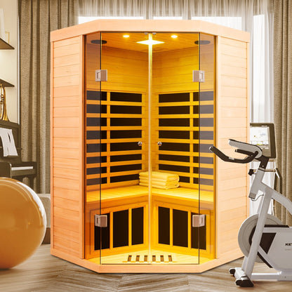 Deluxe Hemlock Far Infrared Corner Sauna Room with Glass Front for Two Persons