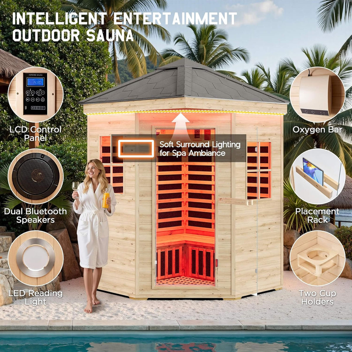 Monaco 4-Person Low EMF Spruce Wood Outdoor Infrared Sauna With Bluetooth Speakers And LED Lights (SAK16270)
