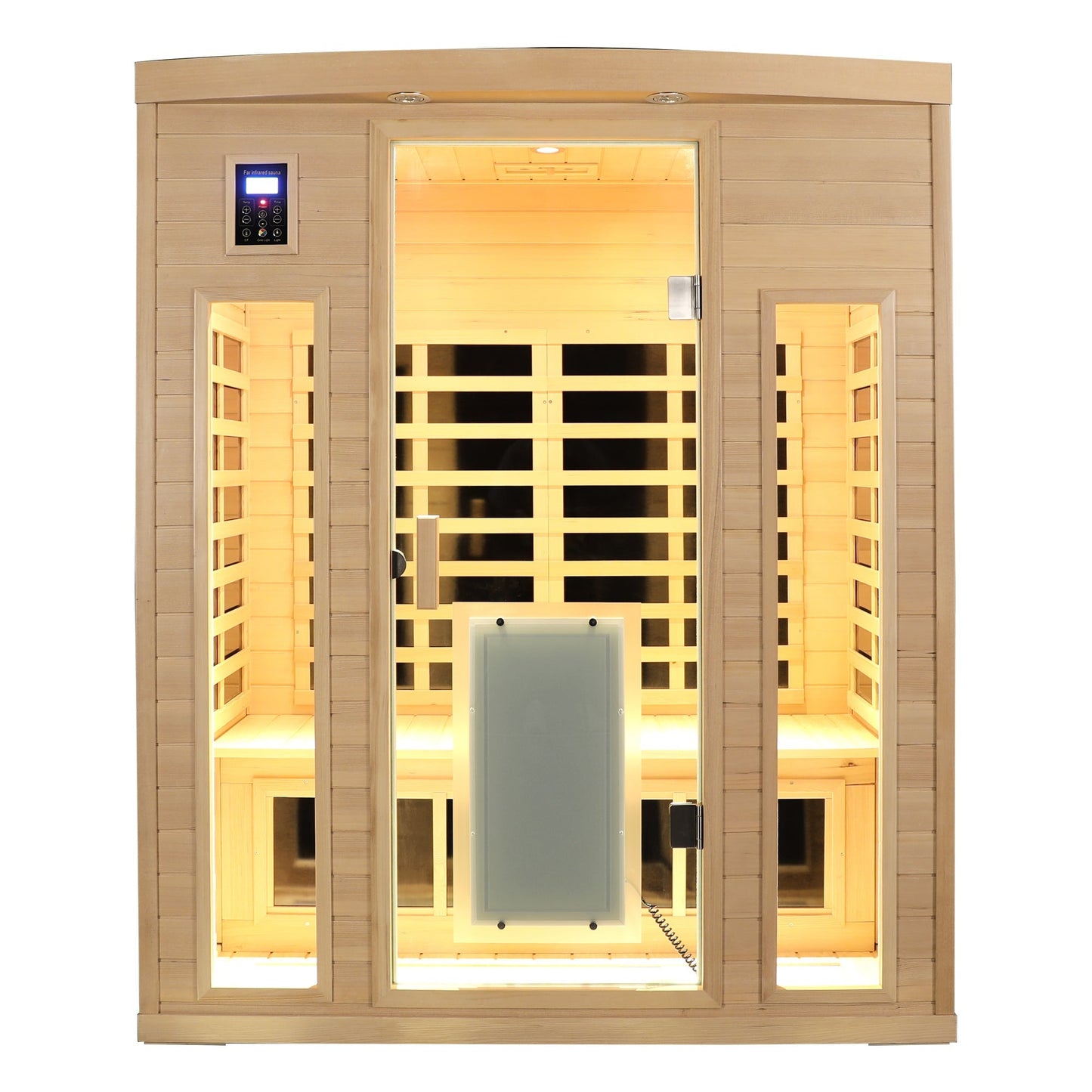 Low EMF, There is also a heating plate on the glass door, Hemlock wood Far-infrared indoor Three person sauna room