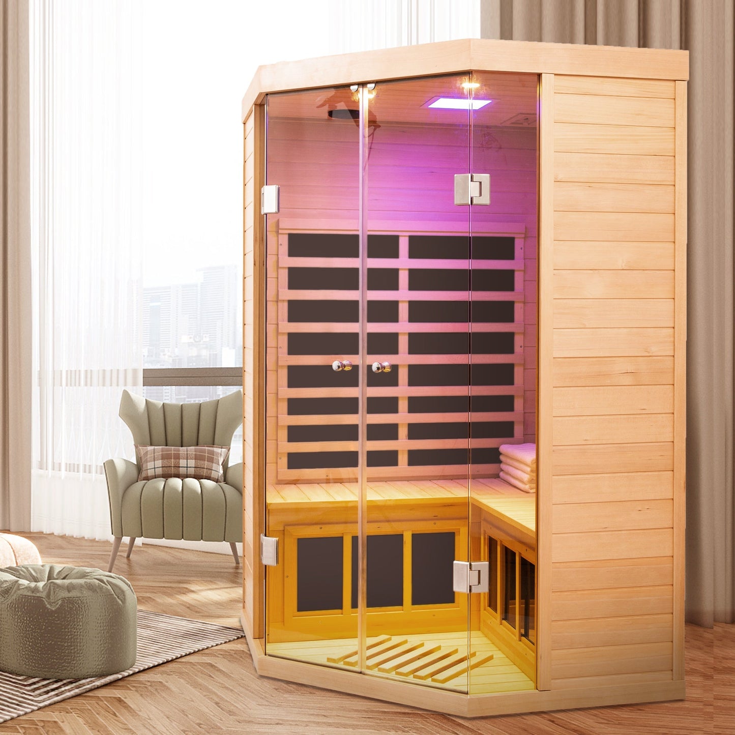 Deluxe Hemlock Far Infrared Corner Sauna Room with Glass Front for Two Persons