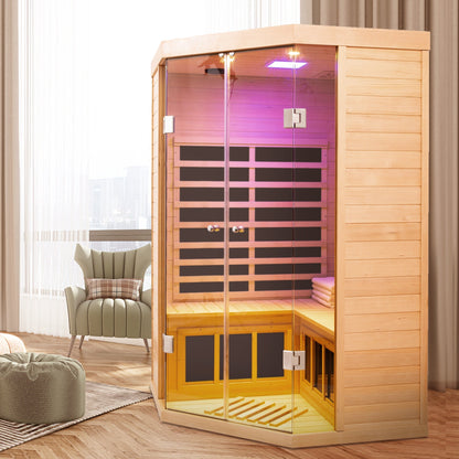 Deluxe Hemlock Far Infrared Corner Sauna Room with Glass Front for Two Persons