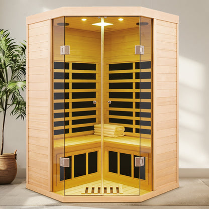 Deluxe Hemlock Far Infrared Corner Sauna Room with Glass Front for Two Persons