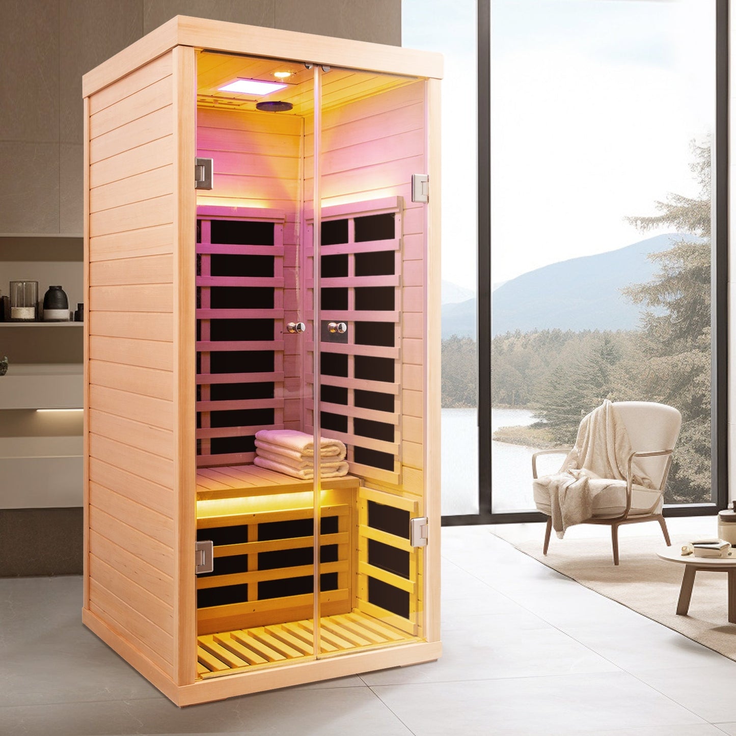 Luxury Indoor Low EMF Far Infrared Sauna Room with Hemlock Wood and Glass Double Doors