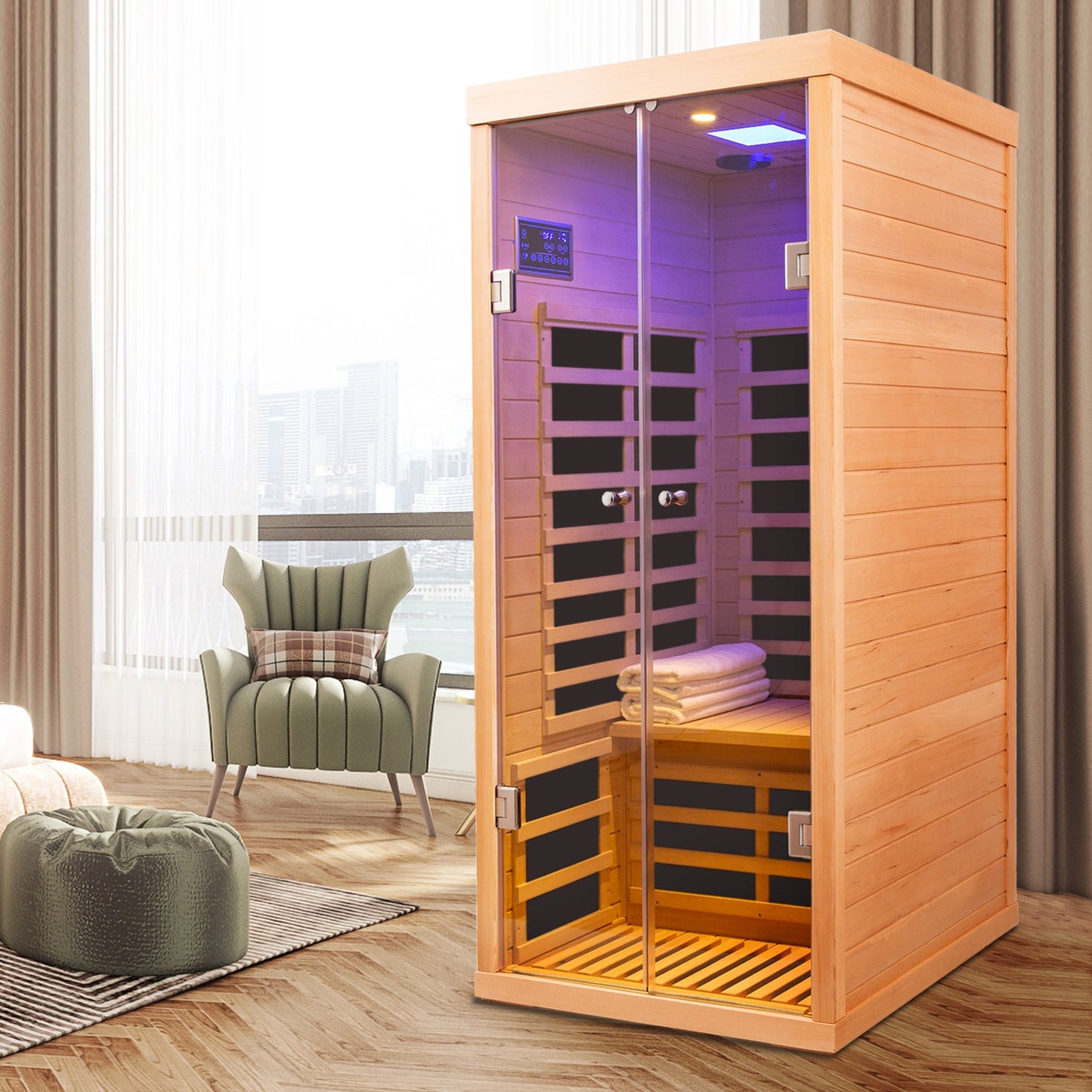 Luxury Indoor Low EMF Far Infrared Sauna Room with Hemlock Wood and Glass Double Doors