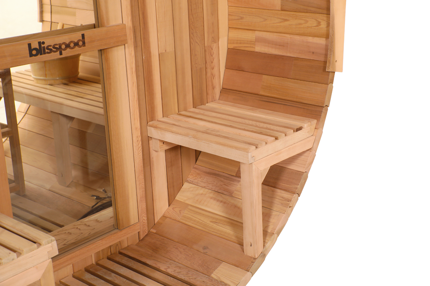 Blisspod, Prague, Canadian Red Cedar Outdoor Steam Barell Sauna, 2-4 / 4-6 persons with Full Glass Back & 2 front Porch seats