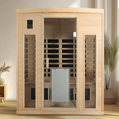 Low EMF, There is also a heating plate on the glass door, Hemlock wood Far-infrared indoor Three person sauna room