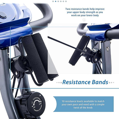 Blue Folding Exercise Bike, Fitness Upright and Recumbent X-Bike with 16-Level Adjustable Resistance