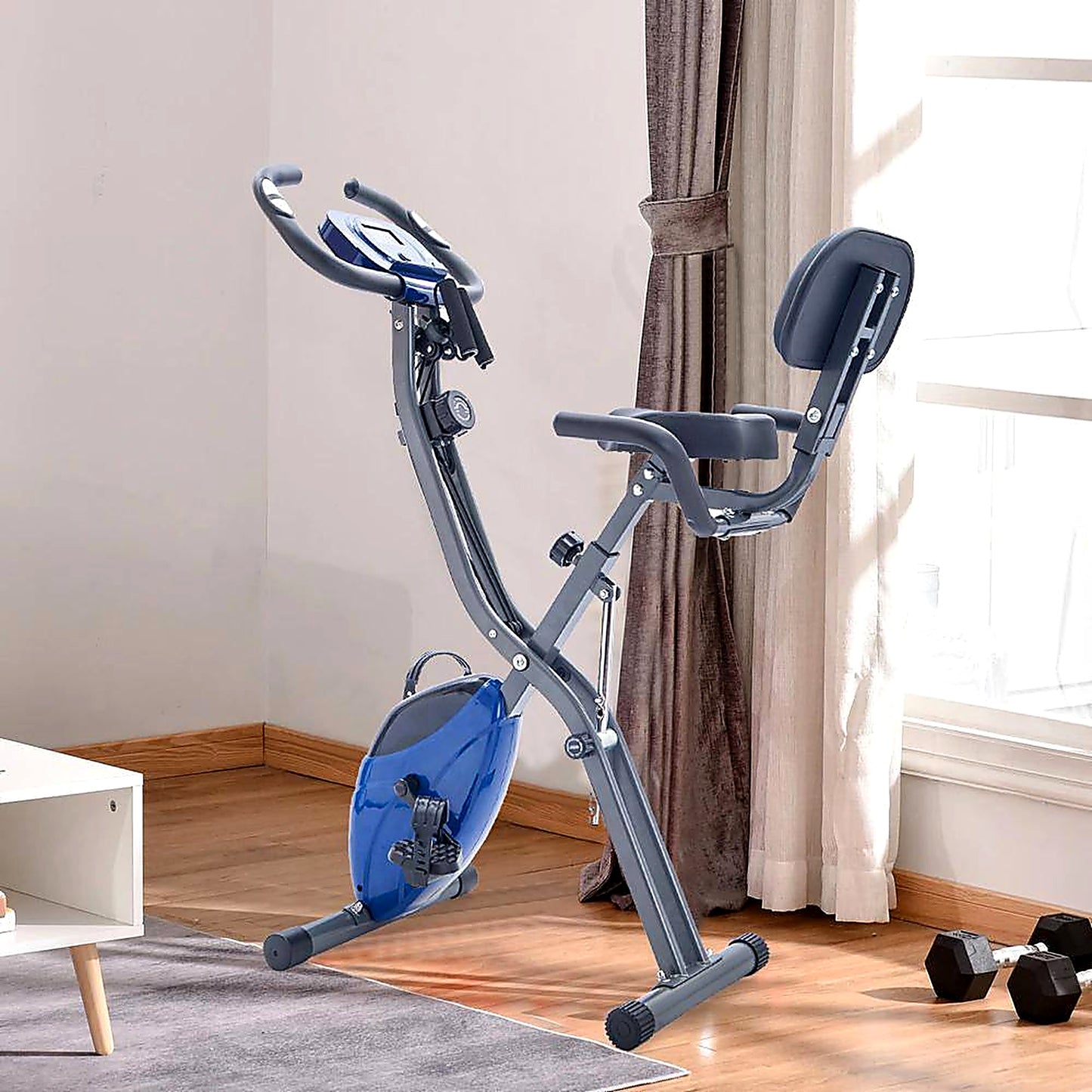 Blue Folding Exercise Bike, Fitness Upright and Recumbent X-Bike with 16-Level Adjustable Resistance