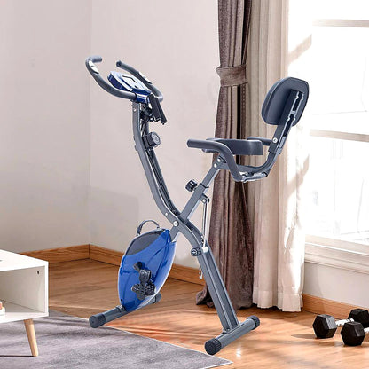 Blue Folding Exercise Bike, Fitness Upright and Recumbent X-Bike with 16-Level Adjustable Resistance