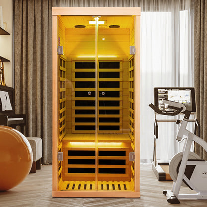 Luxury Indoor Low EMF Far Infrared Sauna Room with Hemlock Wood and Glass Double Doors