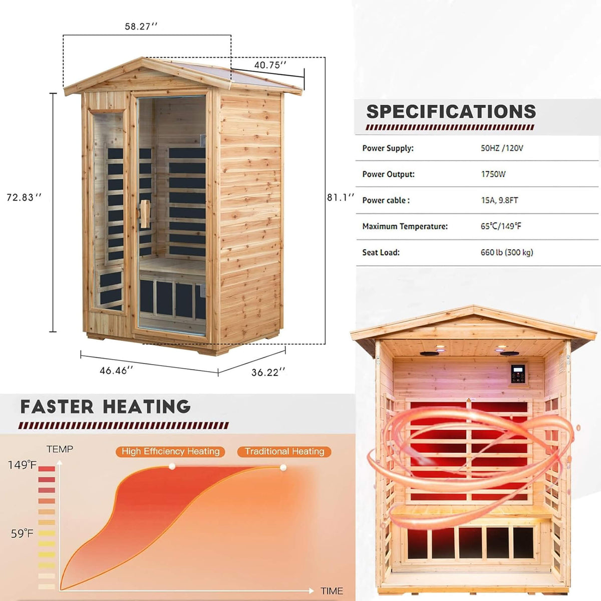 Zorin Premium 2-Person Indoor Outdoor Low EMF FAR-Infrared Hemlock Wood Personal Home Sauna Spa, 1750W (SAK27451)