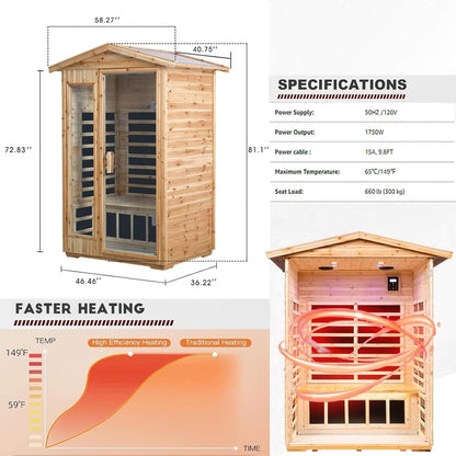 Zorin Premium 2-Person Indoor Outdoor Low EMF FAR-Infrared Hemlock Wood Personal Home Sauna Spa, 1750W (SAK27451)