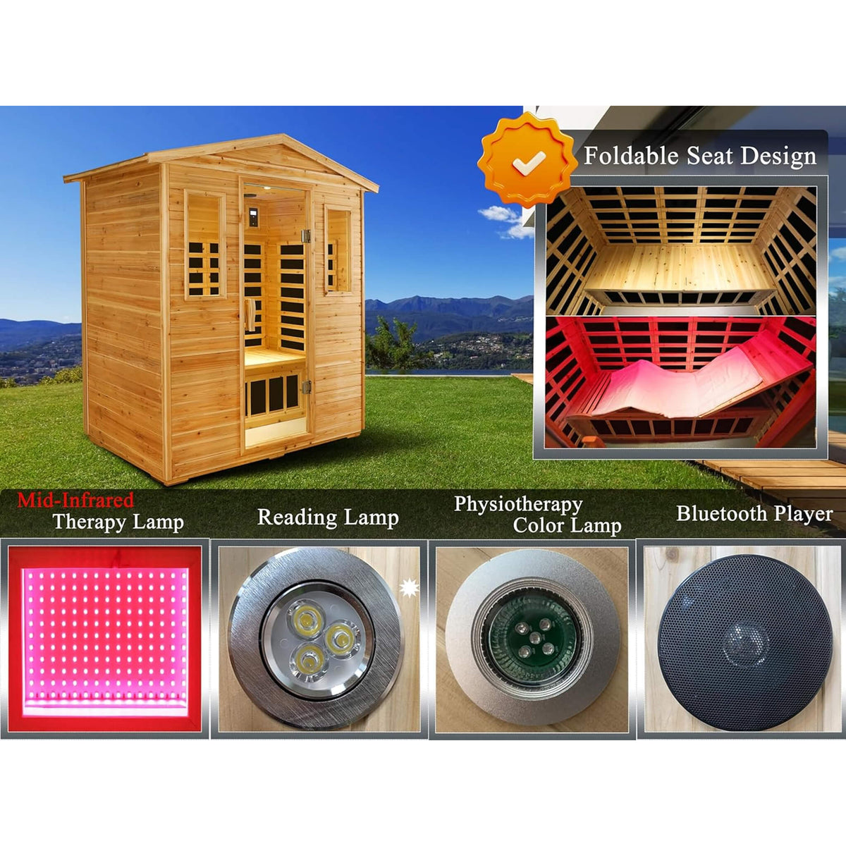 Kora Deluxe 3-Person Outdoor Full Spectrum Low EMF Infrared Home Sauna With Bluetooth Speakers And LED Reading Light (SAK14098)